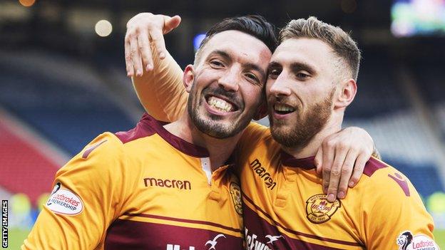 Ryan Bowman and Louis Moult celebrate Motherwell's victory