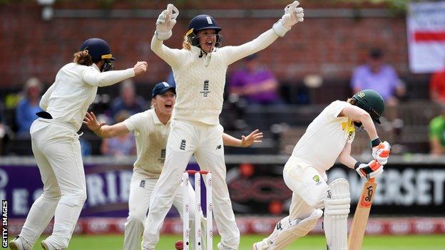 England wicketkeeper Sarah Taylor appeals for a wicket in the Women's Ashes Test against Australia