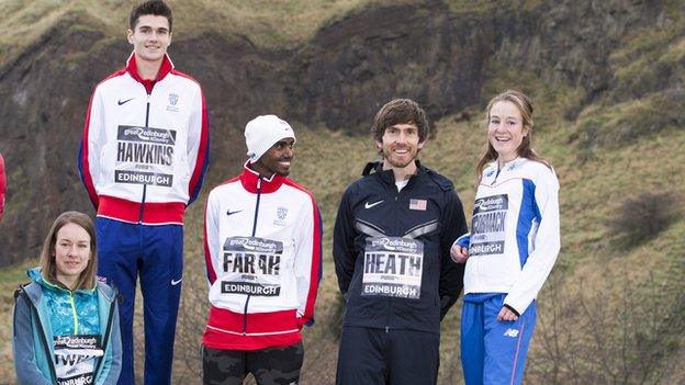 Steph Twell, Callum Hawkins, Mo Farah, Garrett Heath and Fionnuala McCormack pose before the 2016 Edinburgh race