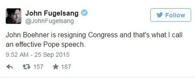 Tweet by @JohnFugelsang: John Boahner is resigning Congress and that's what I call an effective Pope speech.