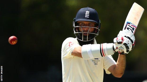 Moeen Ali in action against a Cricket Australia XI