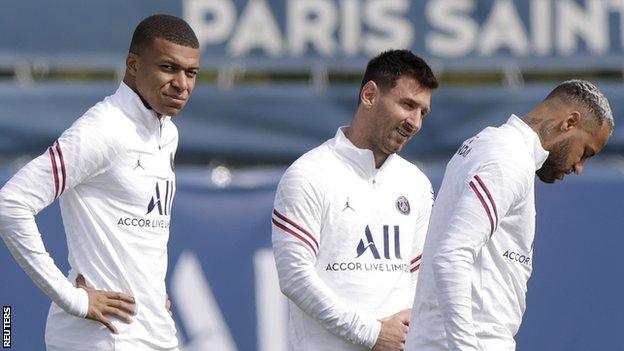 Kylian Mbappe (left), Lionel Messi (centre) and Neymar during training for PSG