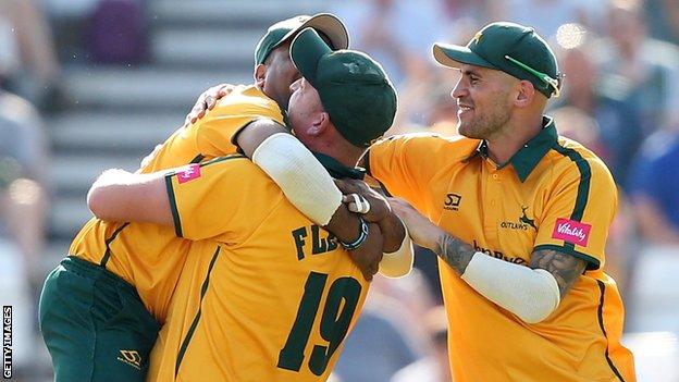 Notts Outlaws celebrate a wicket against Yorkshire Vikings