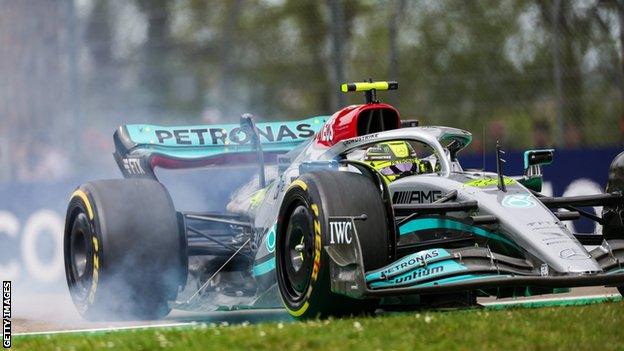 Lewis Hamilton locks up his Mercedes and goes off the Imola circuit during the Emilia Romagna Grand Prix sprint race