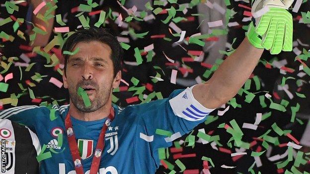 Gianluigi Buffon celebrates winning the Italian Tim Cup (Coppa Italia) final Juventus vs AC Milan at the Olympic stadium on May 9, 2018 in Rome