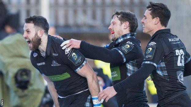 Tommy Seymour celebrates scoring for Glasgow