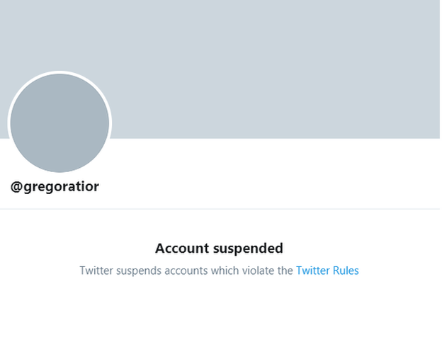 A screenshot of the suspended @gregoratior account