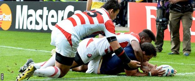 John Hardie scores a try for Scotland against Japan