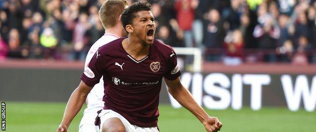 Osman Sow celebrates making it 2-0 to Hearts