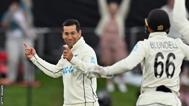 New Zealand's Ross Taylor celebrates taking the winning wicket as his side beat Bangladesh in the second Test