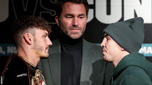 Leigh Wood and Michael Conlan face-off in Belfast as fight promoter Eddie Hearn looks on