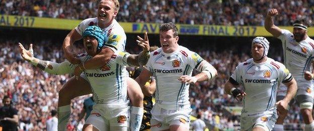 Jack Nowell celebrates scoring Exeter's first try