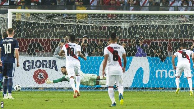Peru's Christian Cueva scores against Scotland