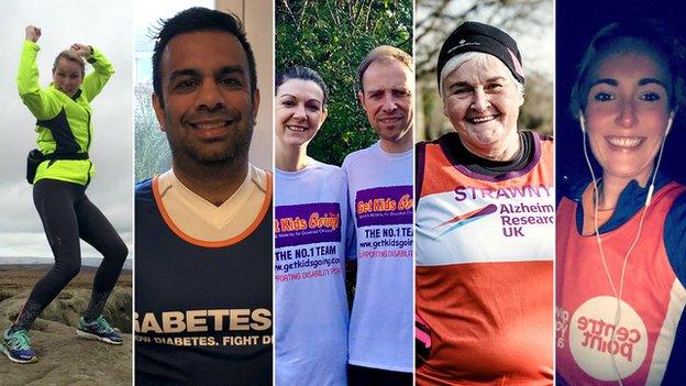 London Marathon runners (from left to right) Joanne Graham, Sandeep Chauhan, Mel Elliott and James Parker, Sue Strachan and Claire O'Hara