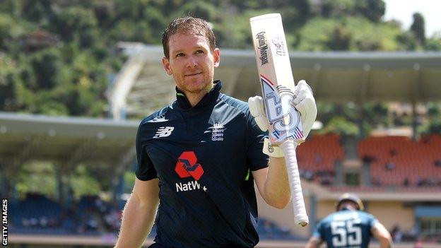 England captain raises his bat as he walks off after being dismissed for a century in the fourth ODI against West Indies