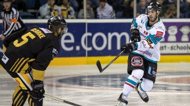 Giants defenceman Spiro Goulakos shoots on the Nottingham goal in Belfast's defeat on Sunday