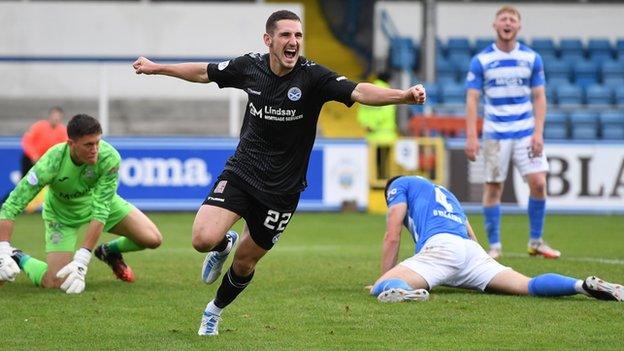 Mark McKenzie celebrates scoring Ayr United's second at Cappielow