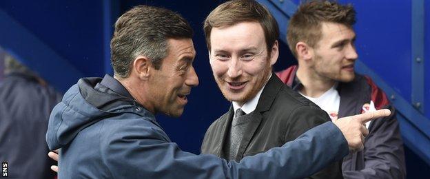 Rangers manager Pedro Caixinha and Hearts' Ian Cathro share a joke