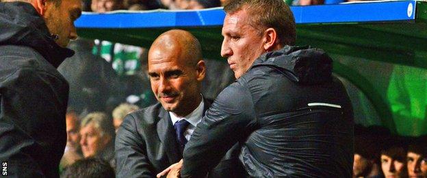 Manchester City's Pep Guardiola and Celtic's Brendan Rodgers shake hands