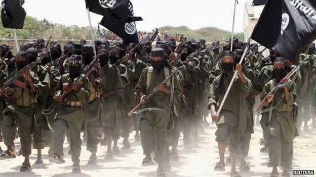 New recruits belonging to the al-Shabab militant group marching during a passing out parade at a military training base in Afgoye