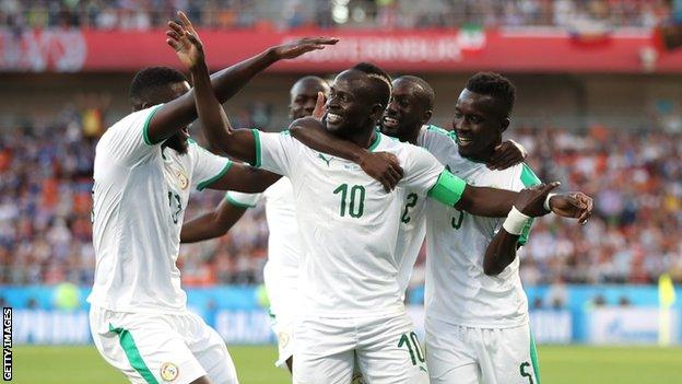 Sadio Mane celebrates scoring for Senegal against Japan at the 2018 World Cup in Russia