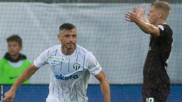 FC Zurich's Blerim Dzemaili celebrates after he makes it 2-1 during a UEFA Europa League play off match between FC Zurich and Heart of Midlothian at Kybunpark,