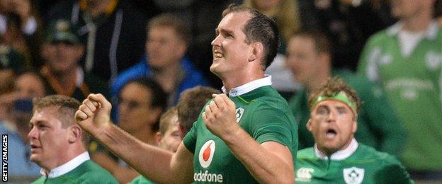 Devin Toner's reaction at the final whistle as Jamie Heaslip appears astonished by the achievement