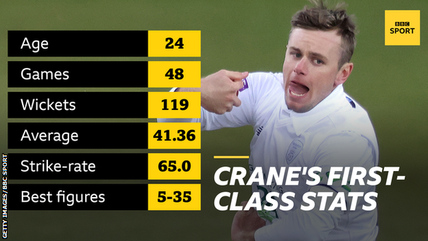 Mason Crane's first-class stats: Age 24, Games 48, Wickets 119, Average 41.36, Strike-rate 65.0, Best figures 5-35