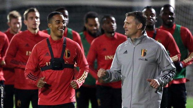 Richard Evans (right) alongside Leicester and Belgium midfielder Youri Tielemans during a warm-up