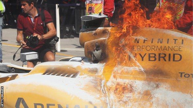 Kevin Magnussen's Renault catches fire