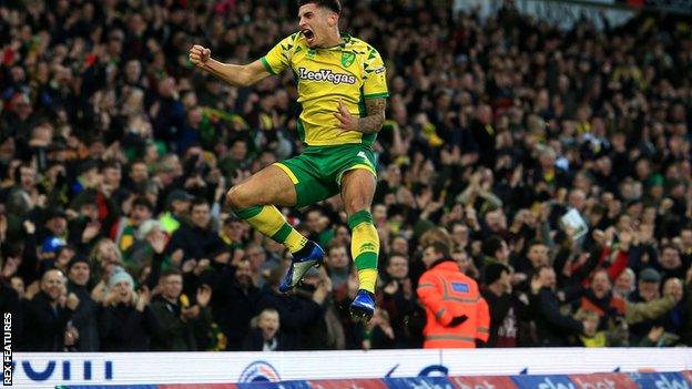 Ben Godfrey celebrates scoring Norwich City's opening goal against Nottingham Forest