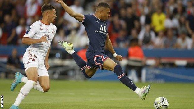 Kylian Mbappe in action for Paris St-Germain against Metz in Ligue 1