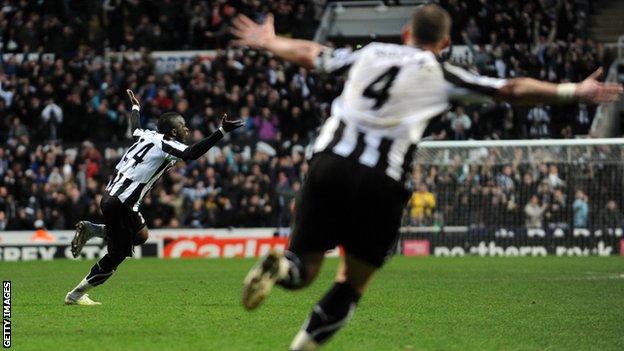 Cheick Tiote celebrates his equaliser against Arsenal in 2011