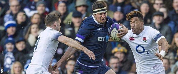 Stuart McInally playing for Scotland against England