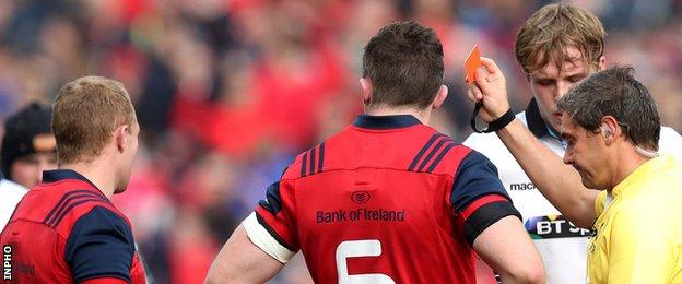 Munster winger Keith Earls was shown a red card by referee Jerome Garces for a tip tackle