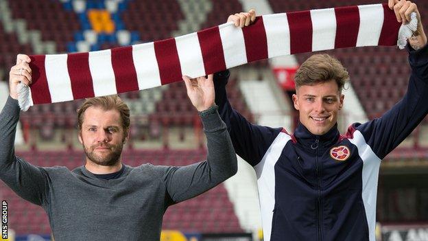 Hearts head coach Robbie Neilson and new arrival Robbie Muirhead