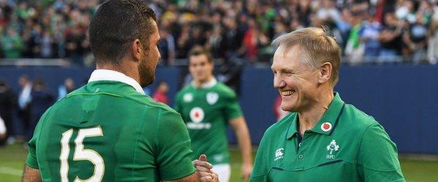 Joe Schmidt congratulates Rob Kearney after Ireland's first ever win over the All Blacks in Chicago in 2016