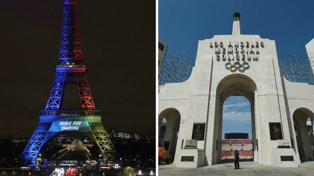 Eiffel Tower and Los Angeles Colliseum