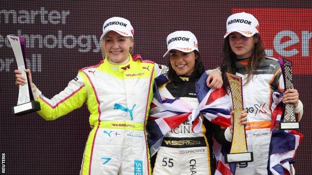 Podium at the 2022 W Series British Grand Prix - from left, Finland's Emma Kimilainen with Britain's Jamie Chadwick and Abbi Pulling