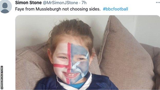 Young girl with England and Scotland flags painted on face.