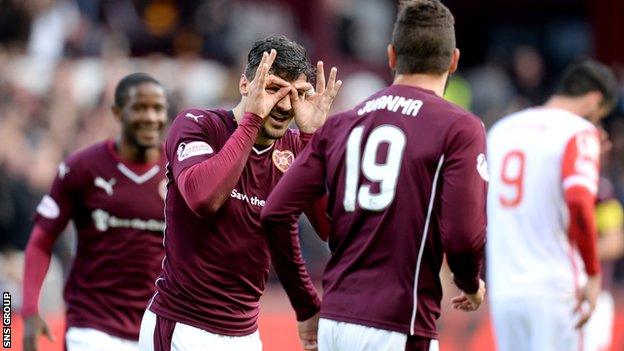 Callum Paterson celebrates his powerful strike at Tynecastle