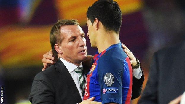 Brendan Rodgers with Luis Suarez at the Nou Camp