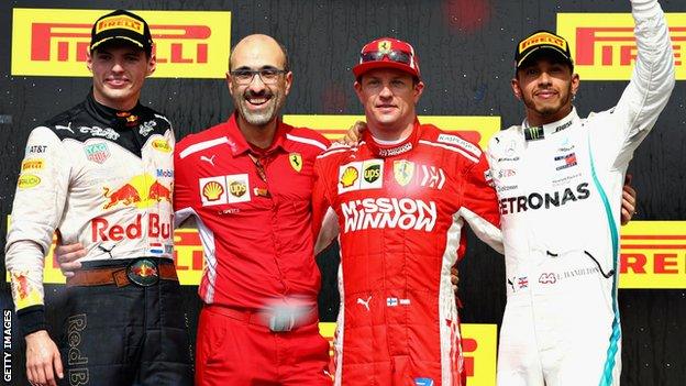 Max Verstappen, Kimi Raikkonen and Lewis Hamilton along with a Ferrari engineer