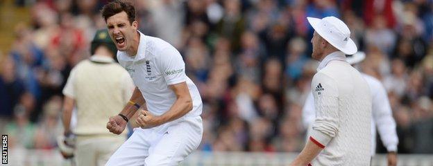 Steven Finn celebrates a wicket