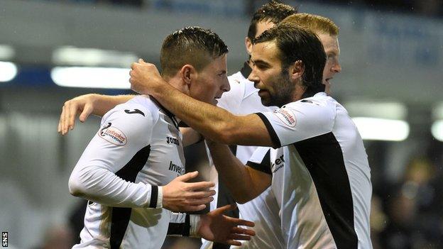 St Johnstone celebrate a goal by Michael O'Halloran (left)