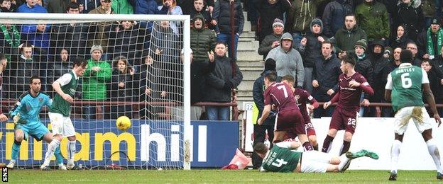 Paul Hanlon (on ground) scrambles home Hibs' equaliser