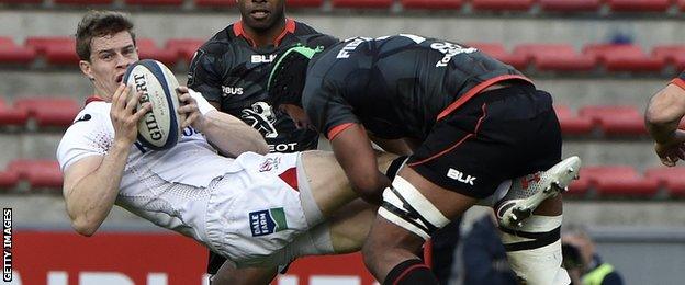 Ulster wing Andrew Trimble is tackled by Toulouse captain Thierry Dusautoir