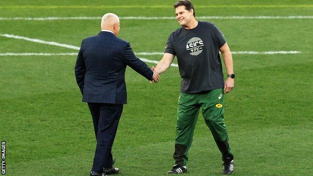 Rassie Erasmus and Warren Gatland shake hands