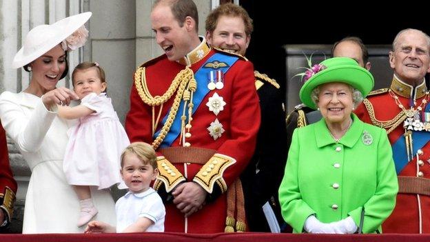 The Queen stands on the balcony of Buckingham Palace after the annual Trooping the Colour ceremony in June 2016 with other members of the Royal Family