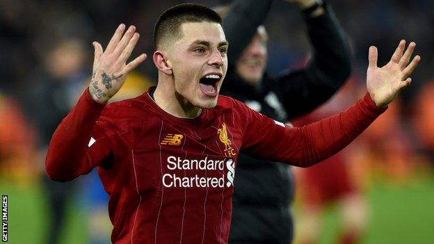 Adam Lewis celebrates after helping a youthful Liverpool side to a 1-0 FA Cup victory over Shrewsbury in February 2020